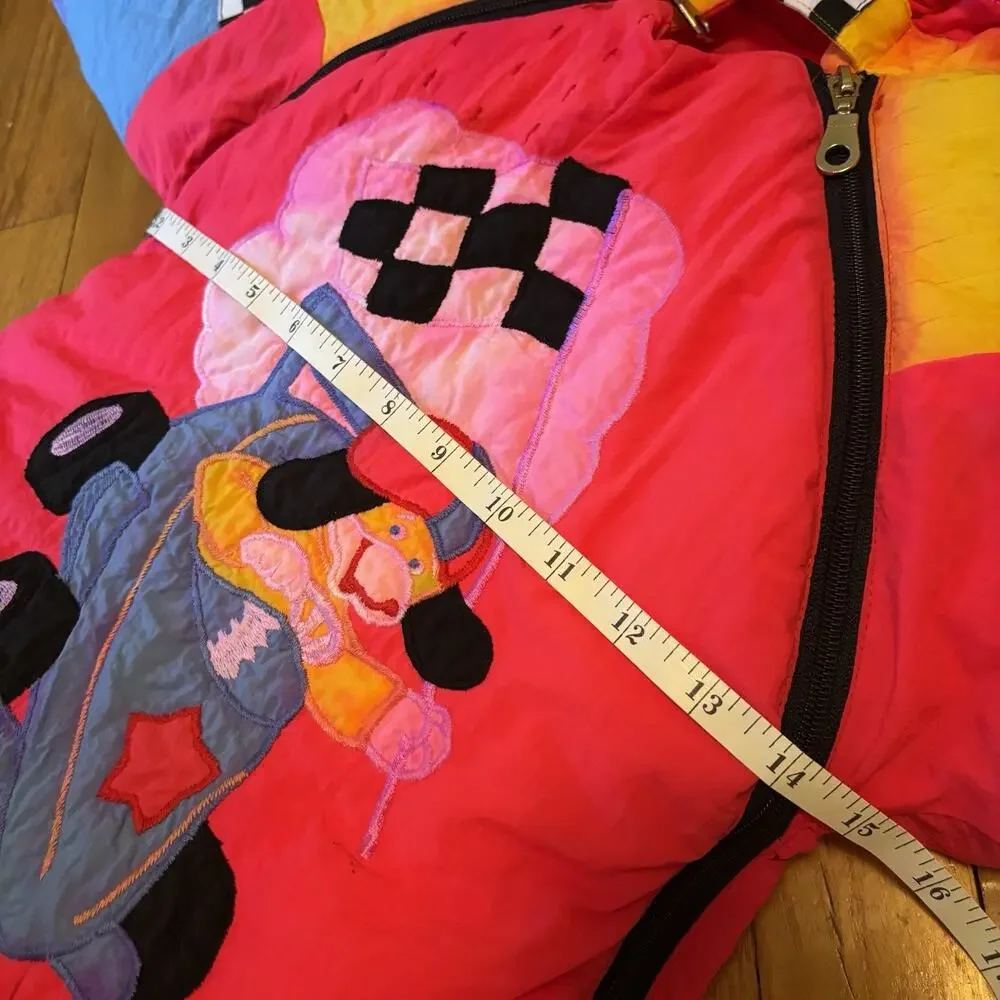 Vintage 90s BABY FOG 18 Month Bunting Winter Coat Jacket Play Race Car Fade Pink